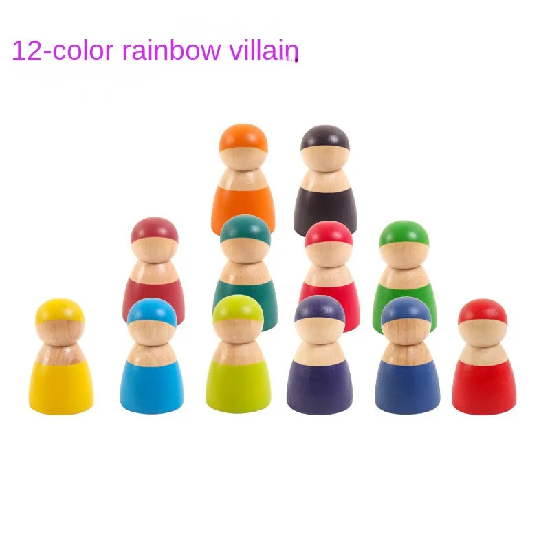 12-Color Wooden Rainbow Villain Children's Early Education Puzzle Character Color Recognition Creative Building Blocks Toy