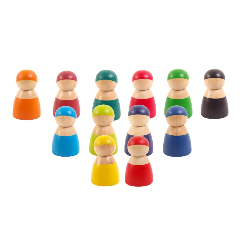 12-Color Wooden Rainbow Villain Children's Early Education Puzzle Character Color Recognition Creative Building Blocks Toy