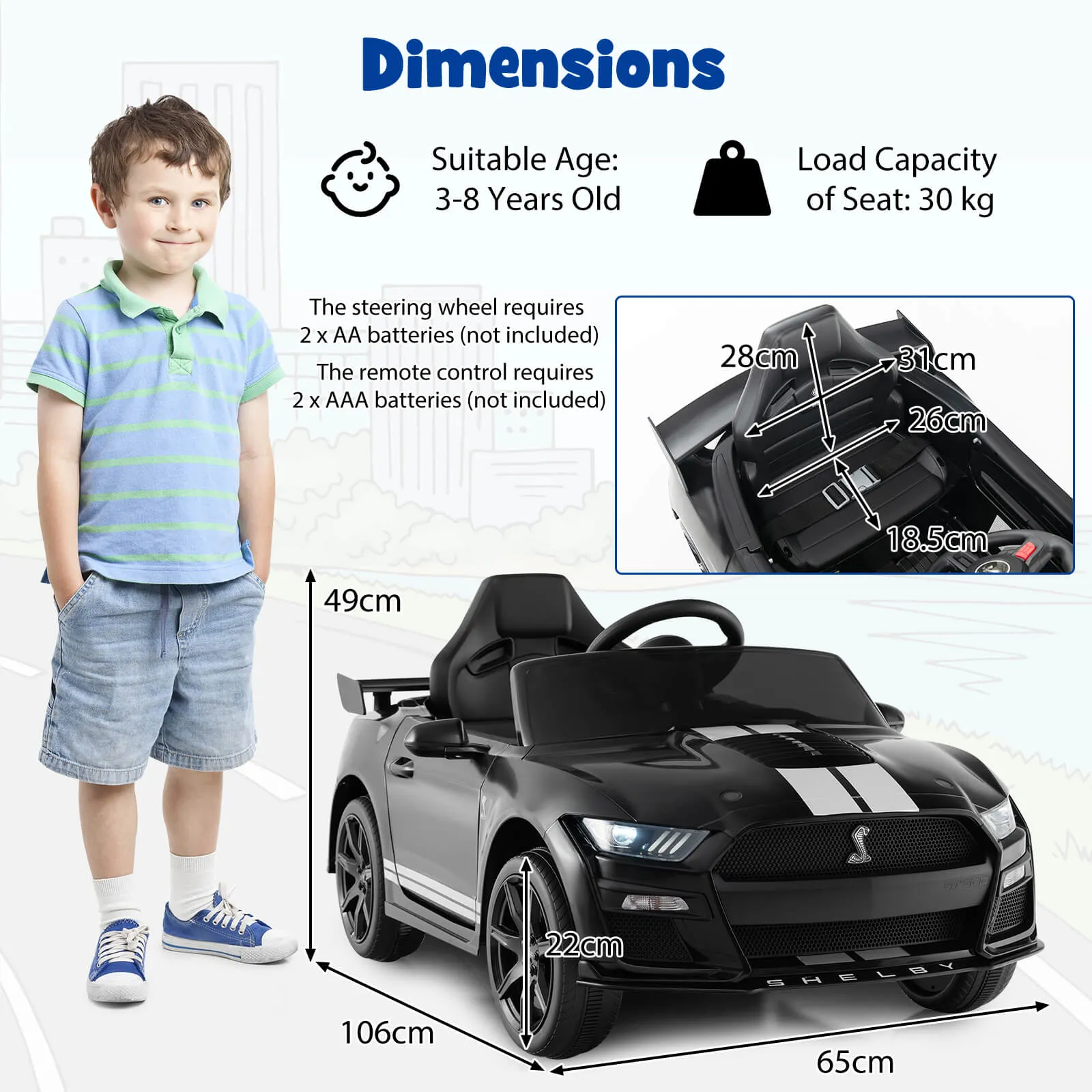 12V Kids Ride on Car Electric Licensed Ford Mustang Shelby GT500 for Kids Aged 3-8-Black