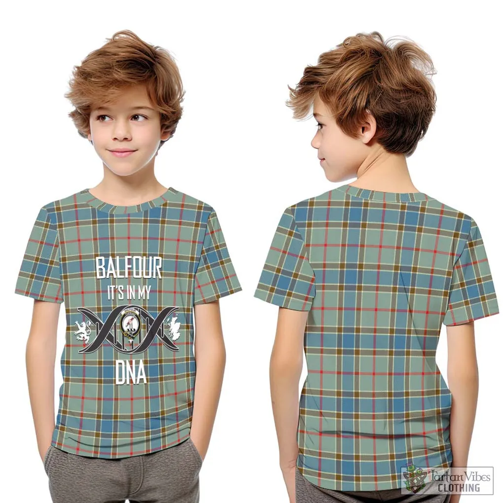 Balfour Blue Tartan Kid T-Shirt with Family Crest DNA In Me Style