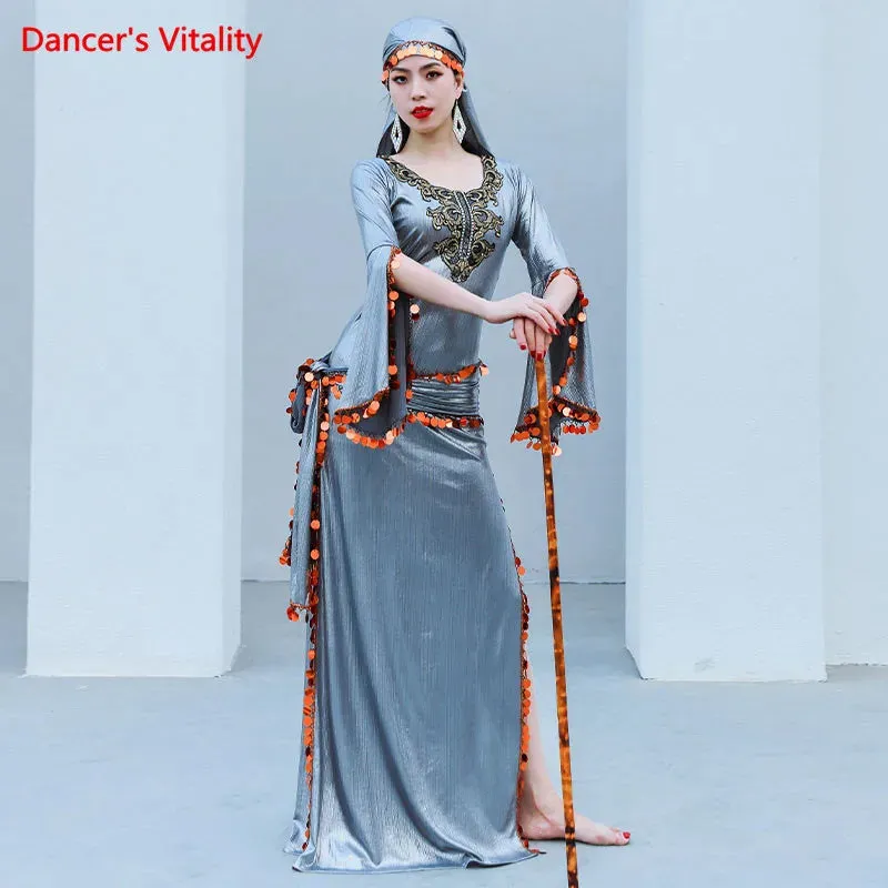 Belly Dance Robe Sequins Dress Long Sleeve Performance Clothes Female Adult Elegant Split Skirt Profession Competition Clothing