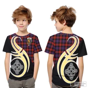 Broun Modern Tartan Kid T-Shirt with Family Crest and Celtic Symbol Style