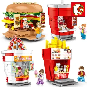 Mini Particle Building Blocks Model City Street View Hamburger Drink Shop Model Building Blocks Toy Set Children Birthday Christmas Gift